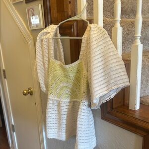 Anthropologie White Textured Peasant Top with Light Green Crochet